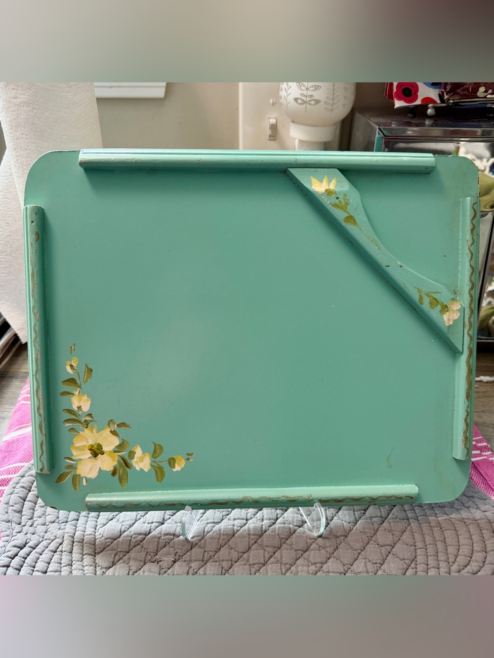 Hand-Painted Mint Green Wood Tray with Floral Detail